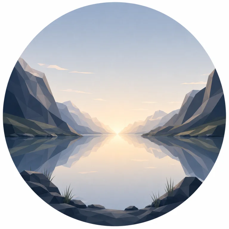 Minimal low poly illustration of a peaceful Nordic fjord at dawn with soft morning light, calm reflective water, symmetrical mountains, a central vanishing point, expansive blue sky, and Scandinavian geometric landscape design.