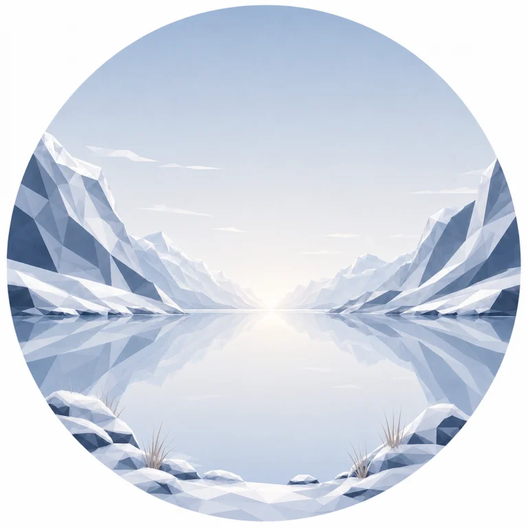 Minimal low poly illustration of a tranquil Nordic winter landscape with snow-covered mountains, calm reflective water, symmetrical composition, a central vanishing point, expansive blue sky, and Scandinavian geometric landscape design.