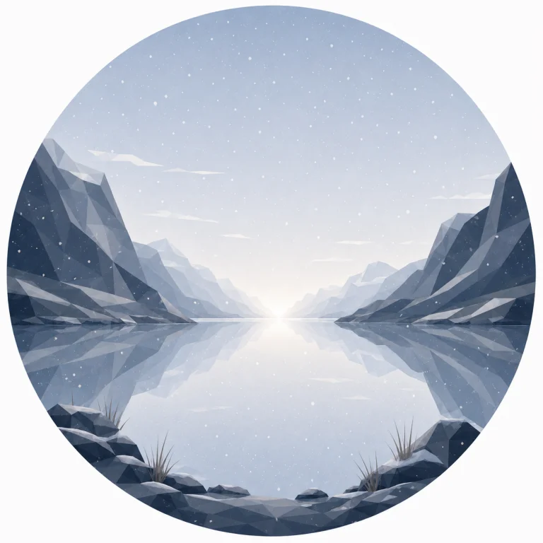 Minimal low poly illustration of a peaceful Nordic landscape during gentle snowfall with calm reflective water, symmetrical mountains, a central vanishing point, expansive winter sky, and Scandinavian geometric landscape design.
