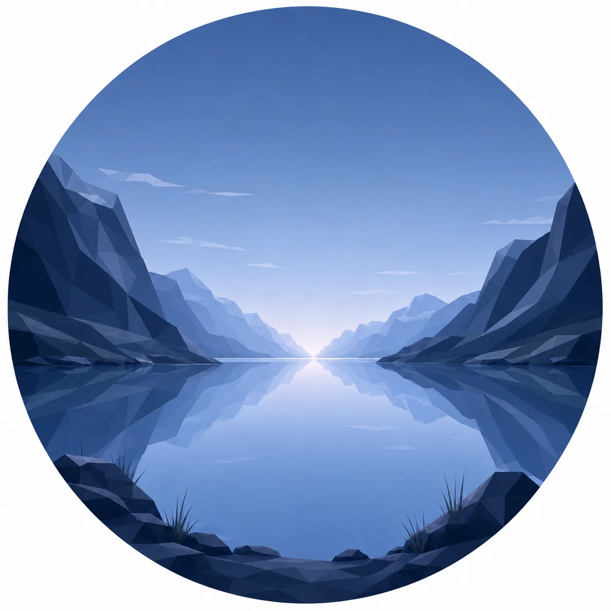 Minimal low poly illustration of a tranquil Nordic landscape during blue hour with calm reflective water, symmetrical mountains, a central vanishing point, expansive twilight sky, and Scandinavian geometric landscape design.