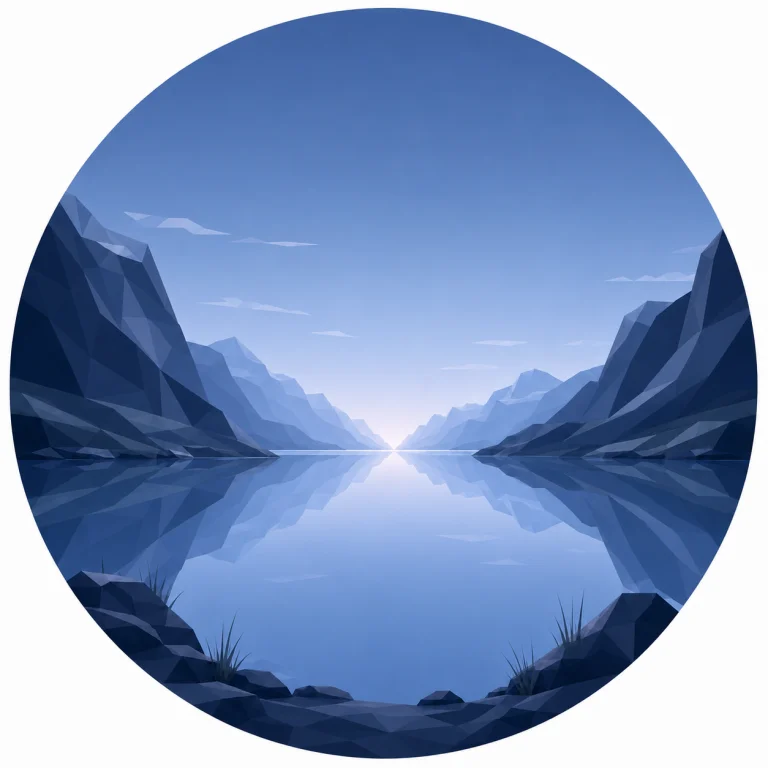 Minimal low poly illustration of a tranquil Nordic landscape during blue hour with calm reflective water, symmetrical mountains, a central vanishing point, expansive twilight sky, and Scandinavian geometric landscape design.