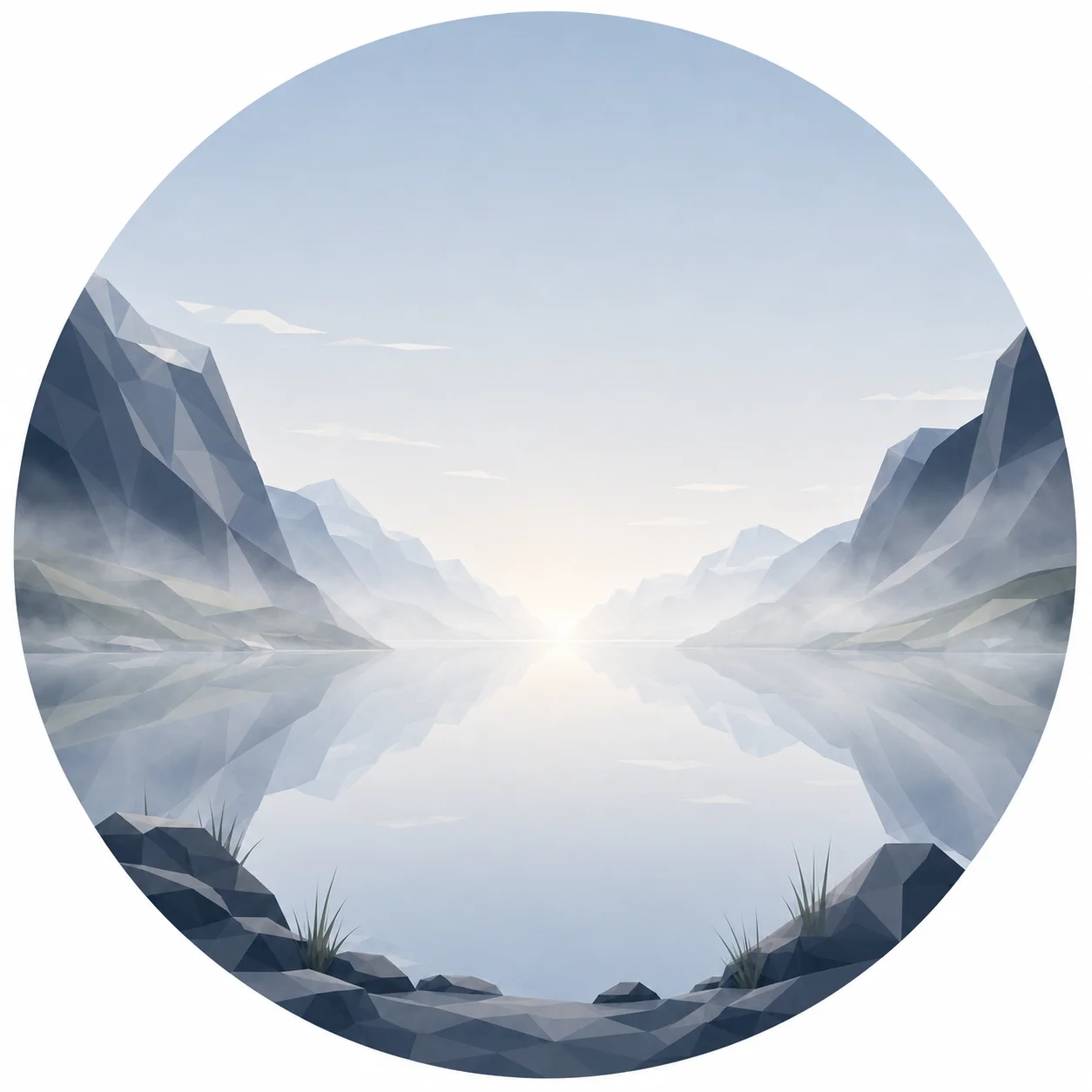 Minimal low poly illustration of a tranquil Nordic fjord wrapped in gentle morning mist with calm reflective water, symmetrical mountains, a central vanishing point, expansive sky, and Scandinavian geometric landscape design.