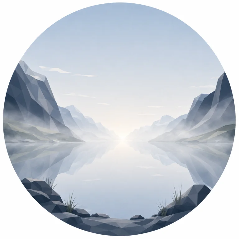 Minimal low poly illustration of a tranquil Nordic fjord wrapped in gentle morning mist with calm reflective water, symmetrical mountains, a central vanishing point, expansive sky, and Scandinavian geometric landscape design.
