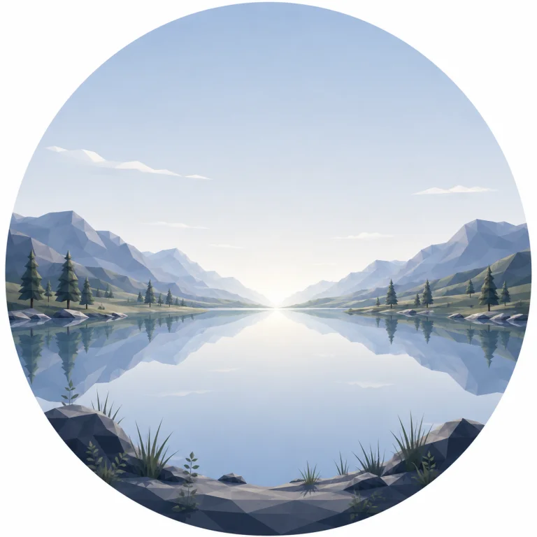 Minimal low poly illustration of a peaceful Nordic lake with calm reflective water, gentle shorelines, symmetrical mountains, a central vanishing point, expansive sky, and Scandinavian geometric landscape design.