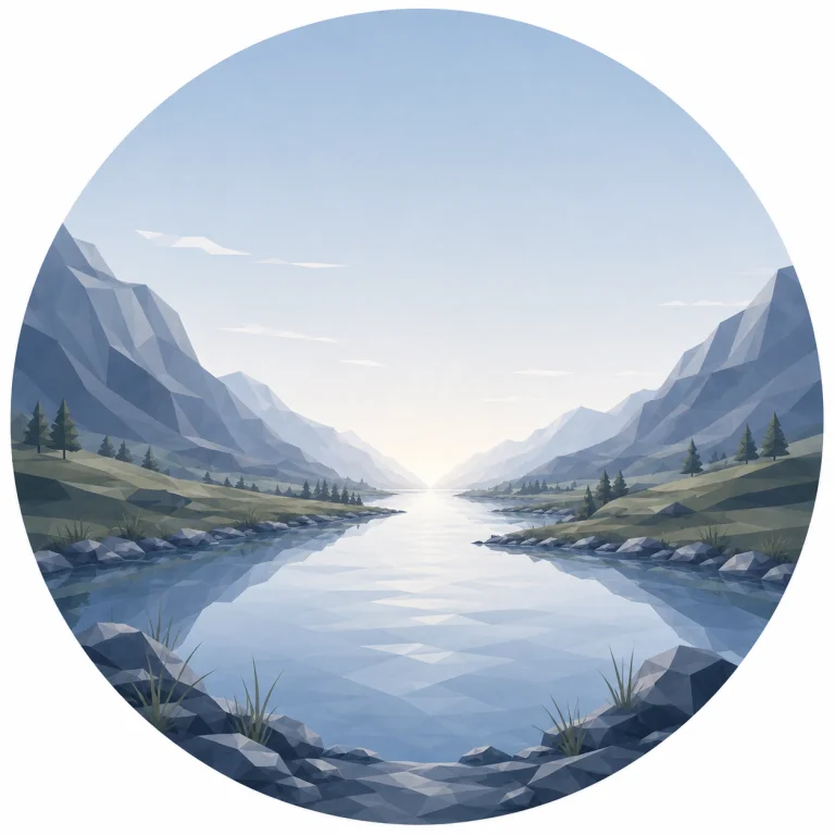 Minimal low poly illustration of a peaceful Nordic river flowing through mountains with gentle reflections, symmetrical composition, a central vanishing point, expansive sky, and Scandinavian geometric landscape design.