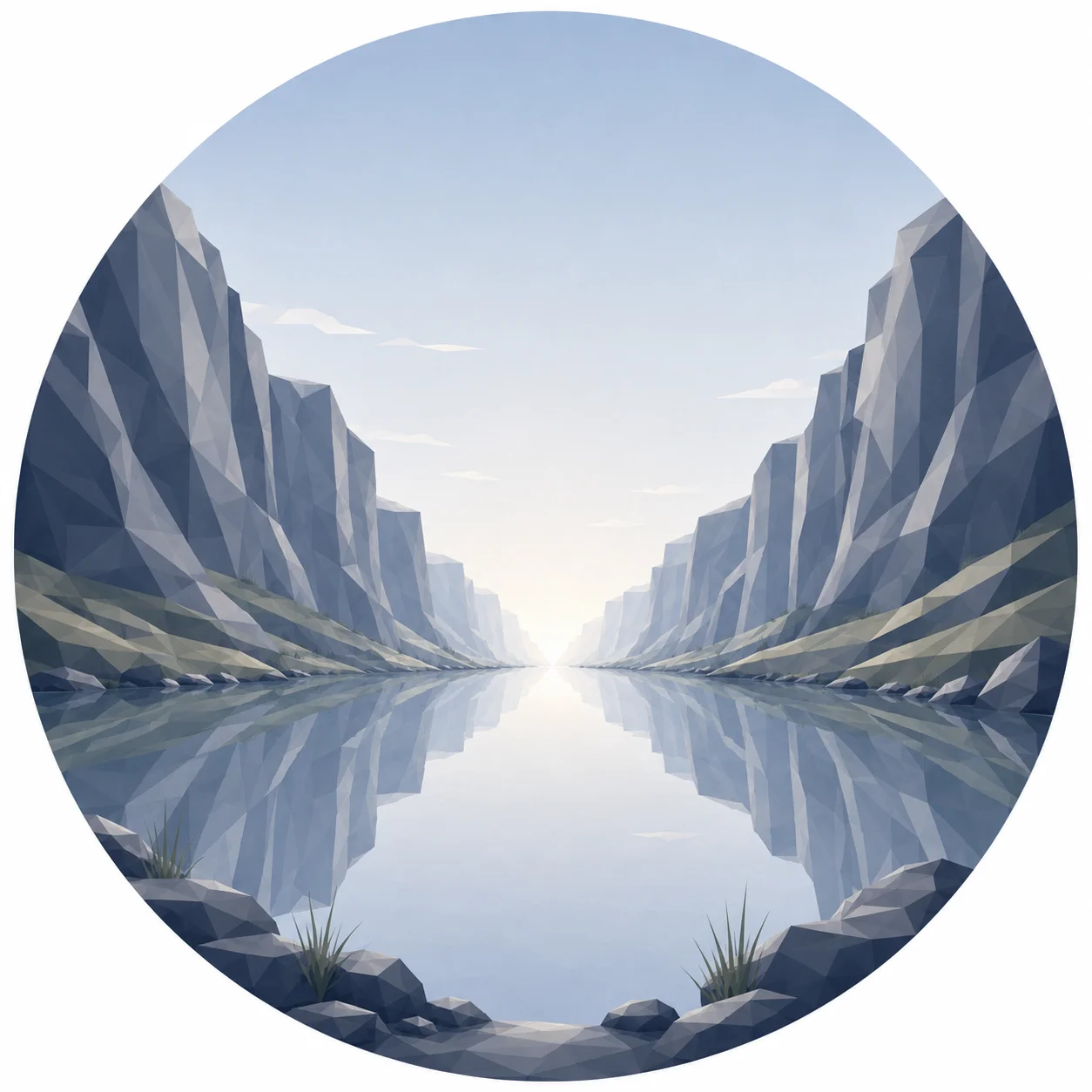 Minimal low poly illustration of a tranquil Nordic canyon with calm reflective water, symmetrical rock walls, a central vanishing point, expansive sky, and Scandinavian geometric landscape design.