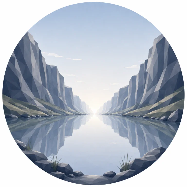 Minimal low poly illustration of a tranquil Nordic canyon with calm reflective water, symmetrical rock walls, a central vanishing point, expansive sky, and Scandinavian geometric landscape design.