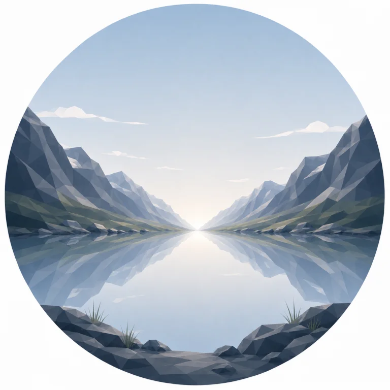 Minimal low poly Scandinavian mountain pass landscape featuring a narrow mountain pass between symmetrical Nordic peaks, calm open sky, geometric composition, and minimalist Nordic scenery.