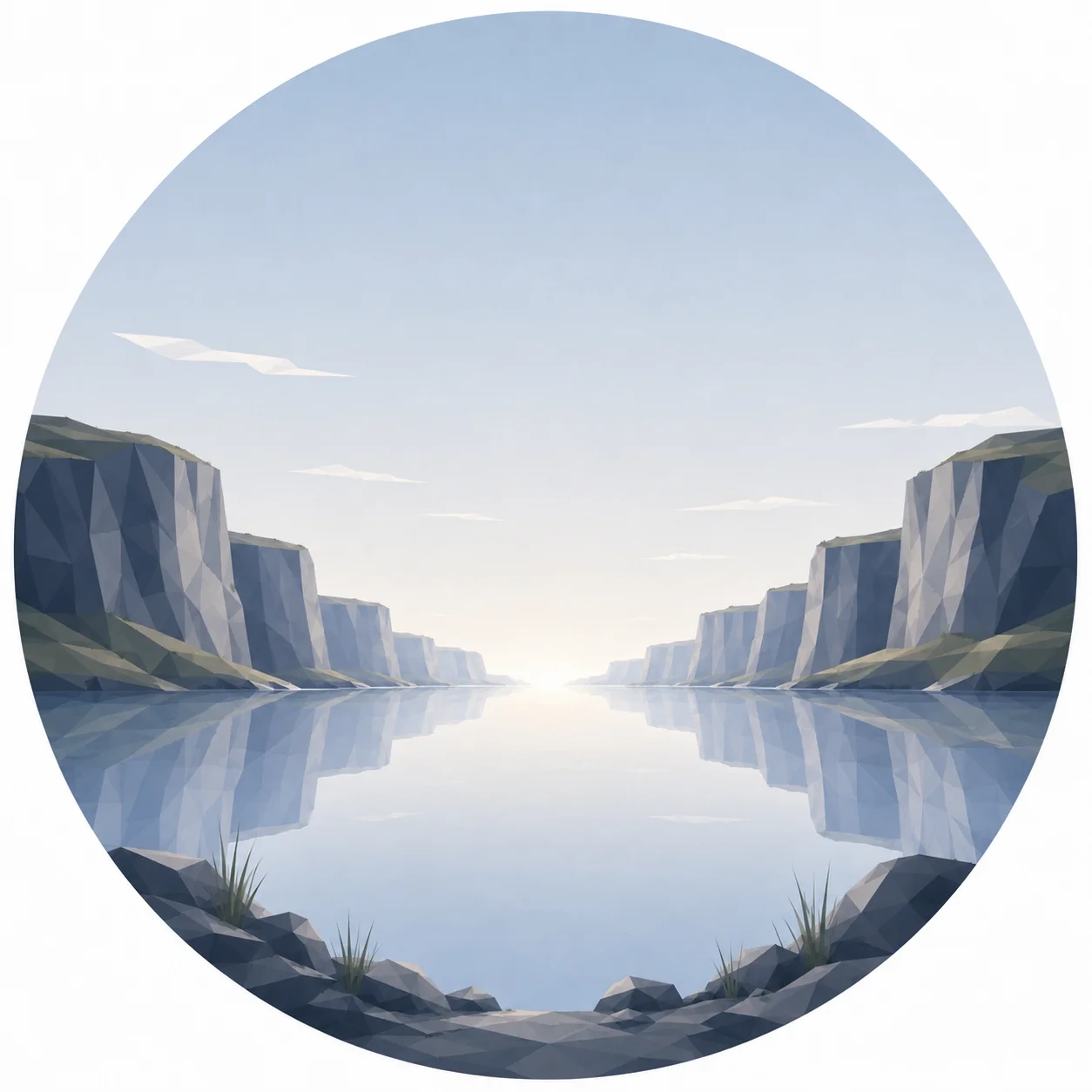 Minimal low poly illustration of tranquil Nordic coastal cliffs with calm reflective water, symmetrical rock formations, a central vanishing point, expansive sky, and Scandinavian geometric landscape design.
