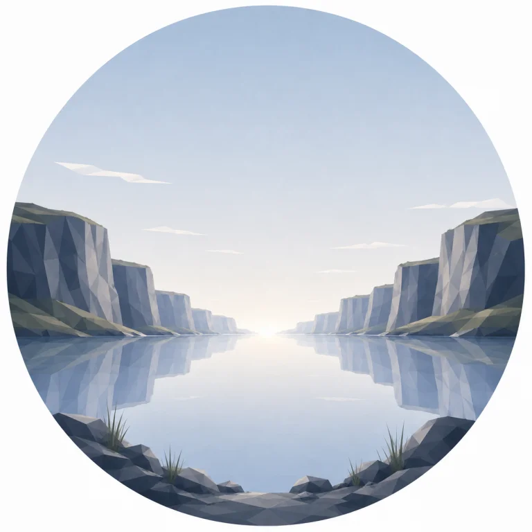 Minimal low poly illustration of tranquil Nordic coastal cliffs with calm reflective water, symmetrical rock formations, a central vanishing point, expansive sky, and Scandinavian geometric landscape design.