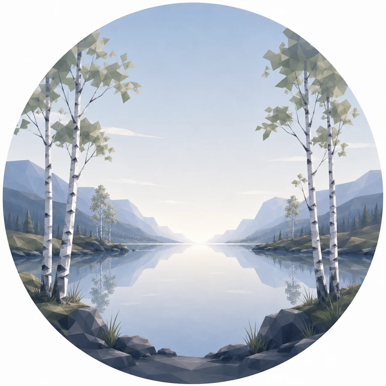 Minimal low poly illustration of a tranquil Nordic birch lakeshore with calm reflective water, a few white birch trees, symmetrical composition, a central vanishing point, expansive sky, and Scandinavian geometric landscape design.