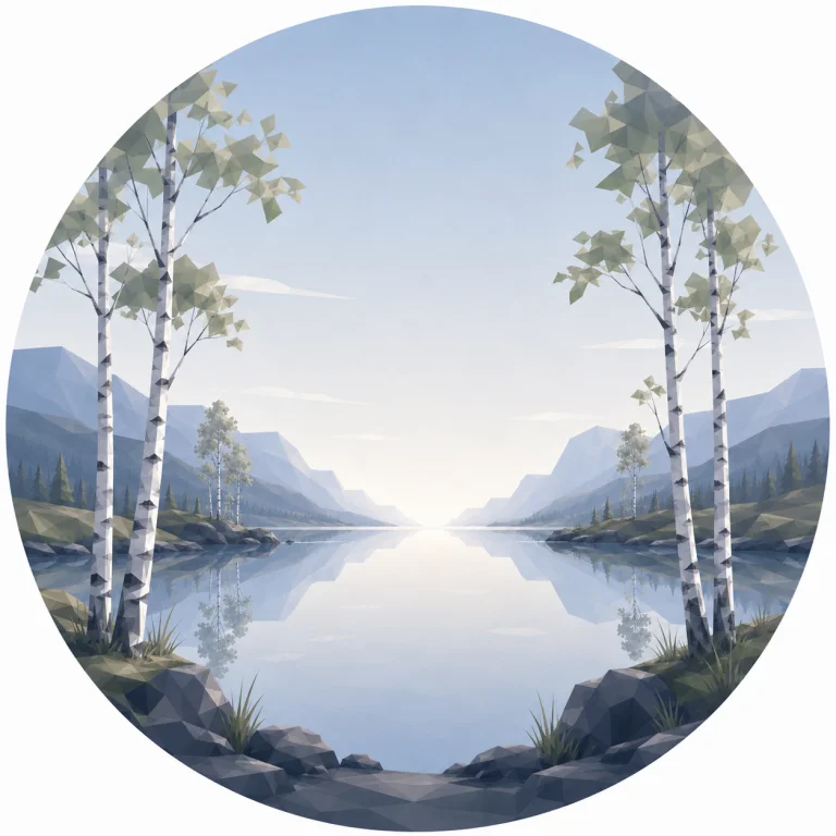 Minimal low poly illustration of a tranquil Nordic birch lakeshore with calm reflective water, a few white birch trees, symmetrical composition, a central vanishing point, expansive sky, and Scandinavian geometric landscape design.