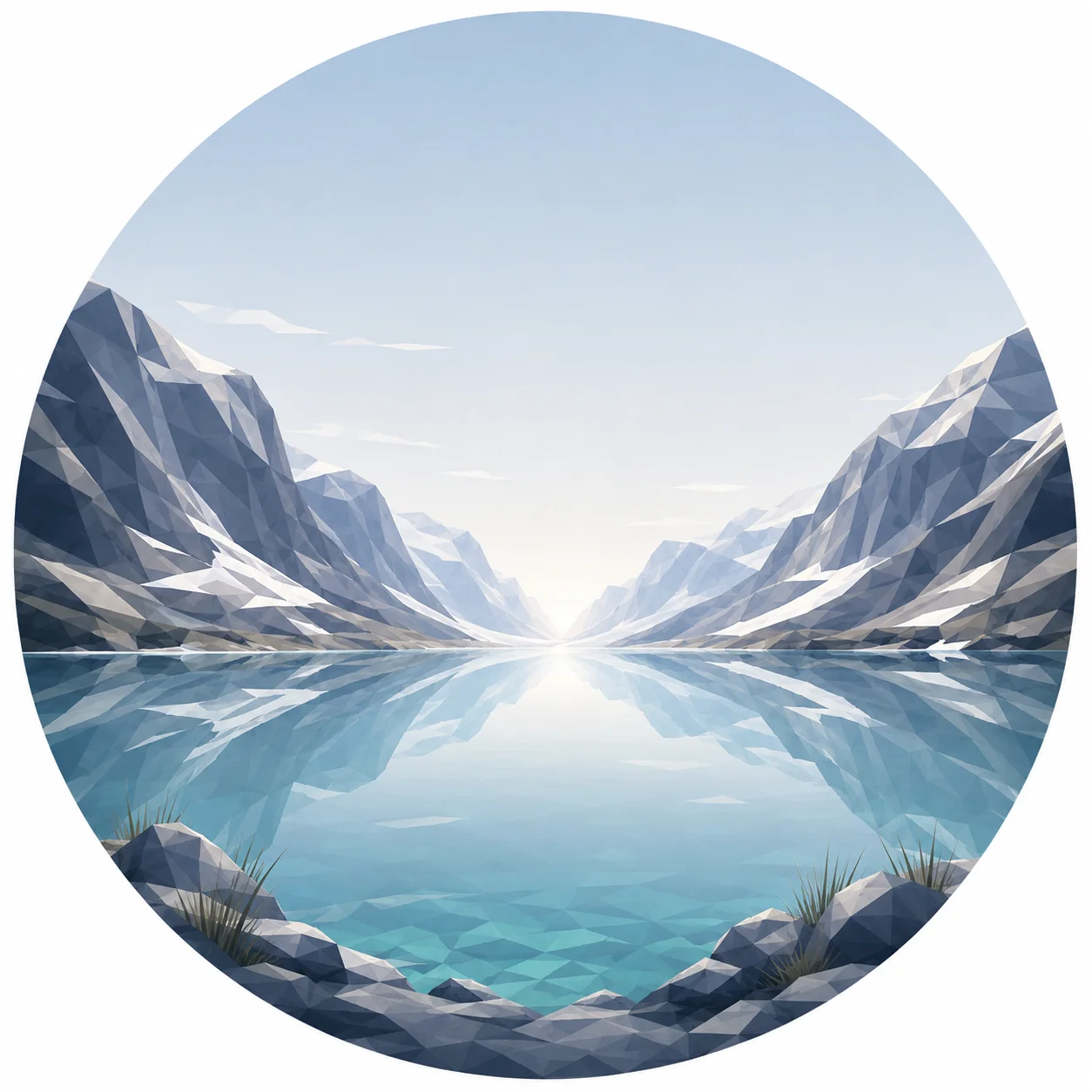 Minimal low poly illustration of a tranquil Nordic coastal fjord opening toward the sea with calm reflective water, symmetrical coastline, a central vanishing point, expansive sky, and Scandinavian geometric landscape design.