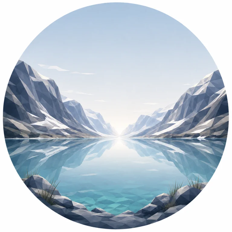Minimal low poly illustration of a tranquil Nordic coastal fjord opening toward the sea with calm reflective water, symmetrical coastline, a central vanishing point, expansive sky, and Scandinavian geometric landscape design.