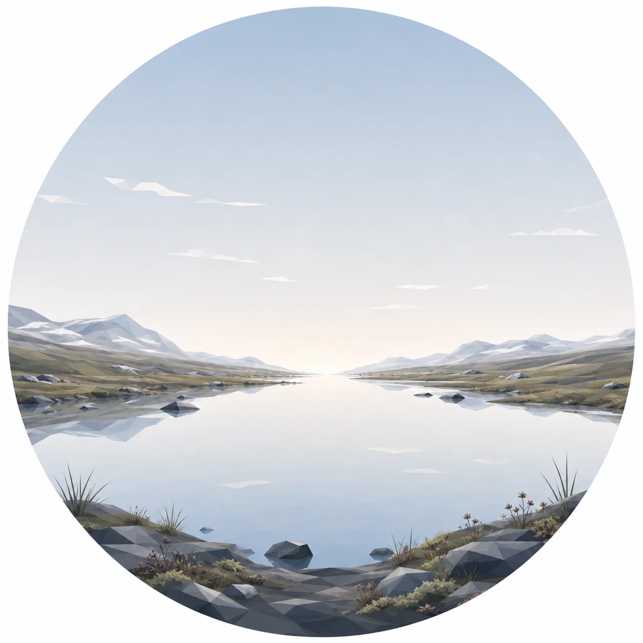 Minimal low poly illustration of a tranquil Nordic tundra with open grassland, scattered rocks, calm reflective water, symmetrical composition, a central vanishing point, expansive sky, and Scandinavian geometric landscape design.