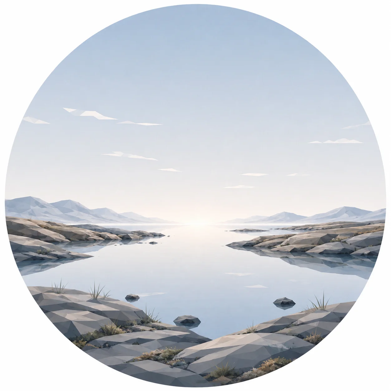 Minimal low poly illustration of a tranquil Nordic rocky shoreline with smooth coastal rocks, calm reflective water, symmetrical composition, a central vanishing point, expansive sky, and Scandinavian geometric landscape design.