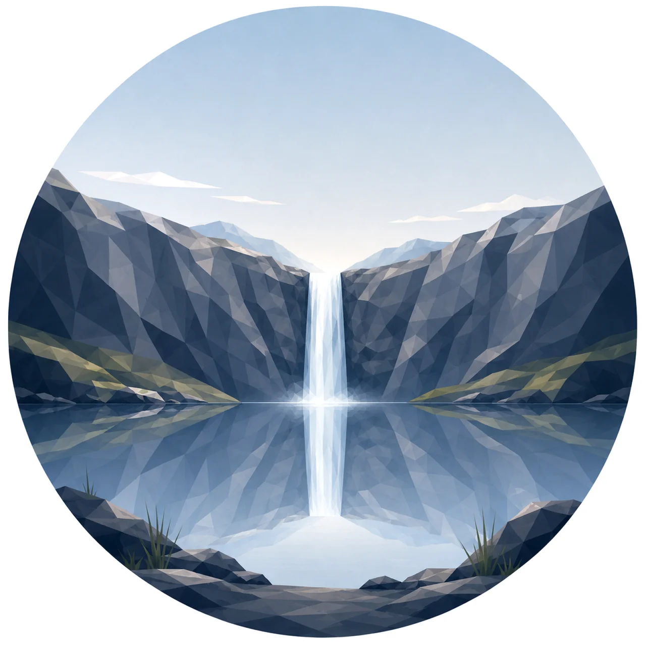 Minimal low poly Scandinavian waterfall landscape featuring a single white waterfall flowing between Nordic cliffs, symmetrical mountain scenery, calm sky, and minimalist geometric Nordic design.