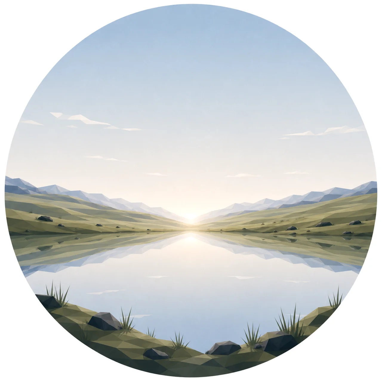 Minimal low poly Scandinavian meadow landscape featuring gentle rolling grassland, distant Nordic hills, expansive sky, symmetrical composition, and peaceful geometric design.