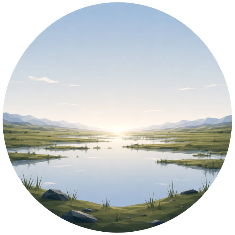 Minimal low poly Scandinavian wetland landscape featuring shallow reflective water, gentle marsh vegetation, distant rolling hills, expansive sky, symmetrical composition, and peaceful geometric Nordic design.