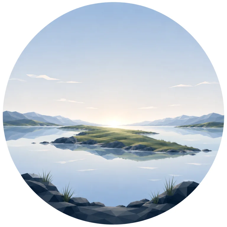 Minimal low poly Scandinavian peninsula landscape featuring a gently curving peninsula extending into a calm Nordic sea, distant horizon, expansive sky, symmetrical composition, and peaceful geometric design.