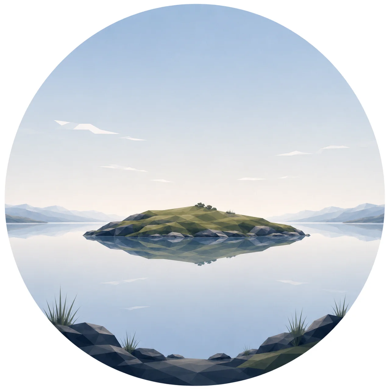 Minimal low poly Scandinavian island landscape featuring a small solitary island surrounded by a calm Nordic sea, distant horizon, expansive sky, symmetrical composition, and peaceful geometric design.