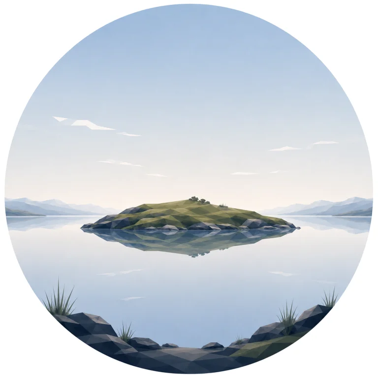 Minimal low poly Scandinavian island landscape featuring a small solitary island surrounded by a calm Nordic sea, distant horizon, expansive sky, symmetrical composition, and peaceful geometric design.