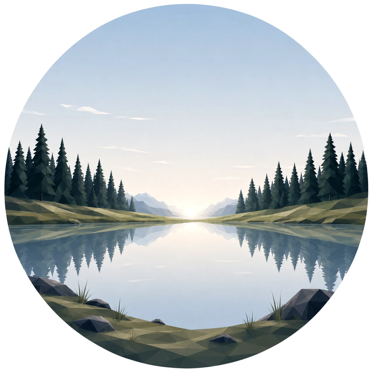 Minimal low poly Scandinavian forest edge landscape featuring a quiet evergreen forest meeting open grassland, distant rolling hills, expansive sky, symmetrical composition, and peaceful geometric Nordic design.
