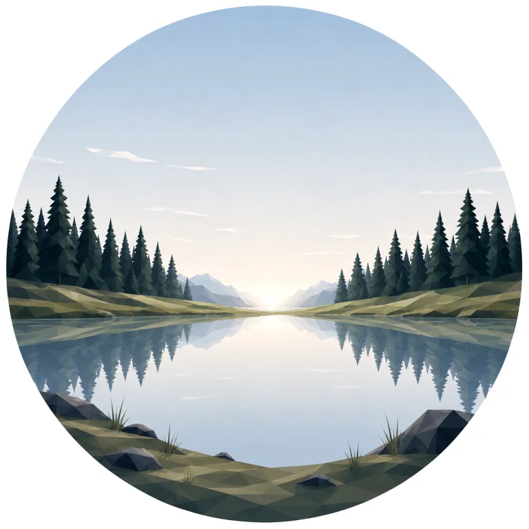 Minimal low poly Scandinavian forest edge landscape featuring a quiet evergreen forest meeting open grassland, distant rolling hills, expansive sky, symmetrical composition, and peaceful geometric Nordic design.