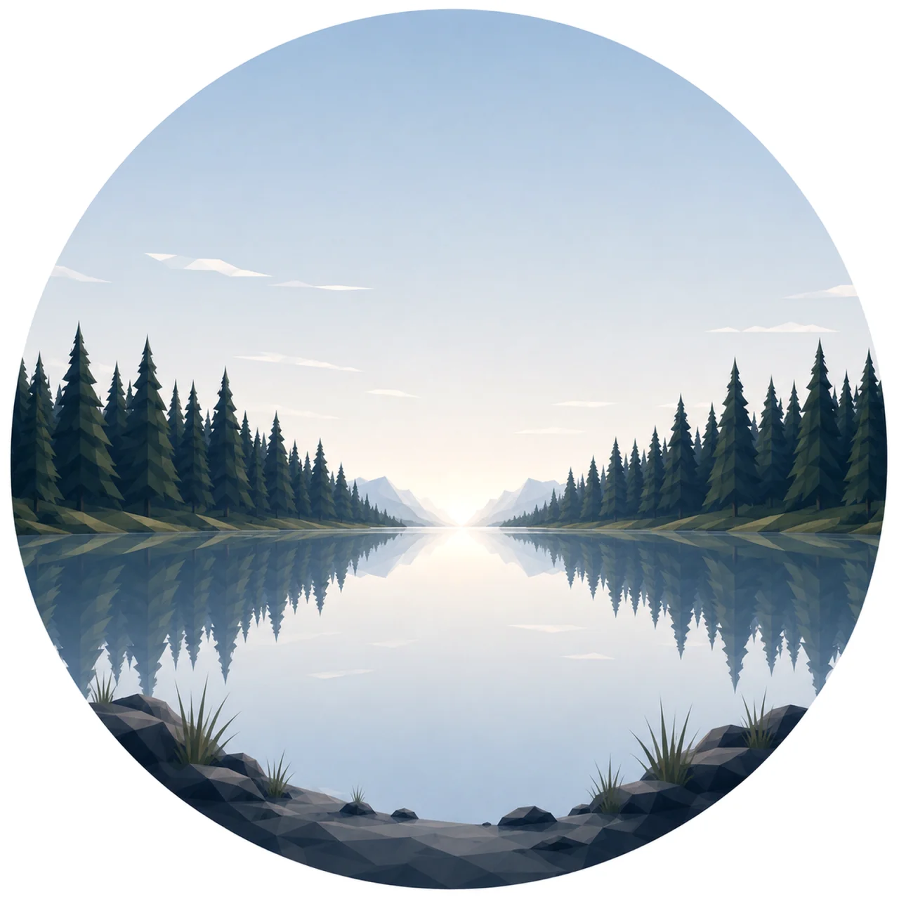 Minimal low poly Scandinavian evergreen forest landscape featuring a quiet grove of conifer trees, gentle Nordic hills, expansive sky, symmetrical composition, and peaceful geometric design.