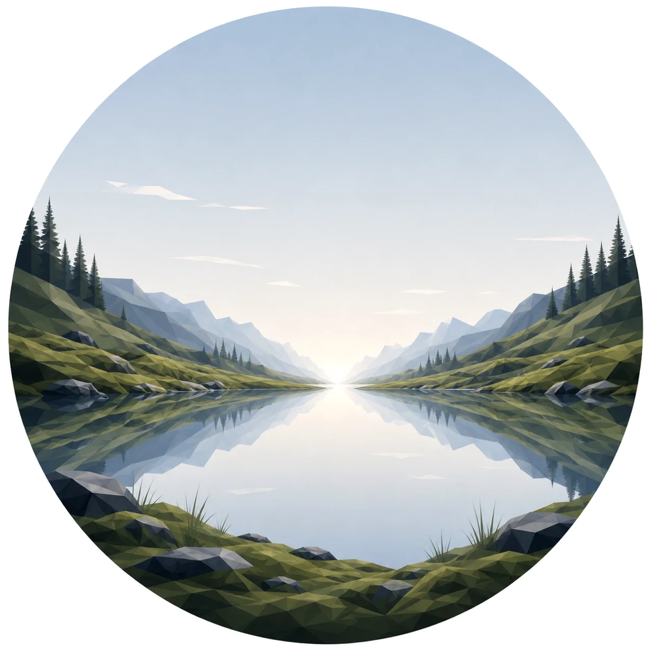 Minimal low poly Scandinavian moss valley landscape featuring soft moss-covered hills, evergreen silhouettes, gentle valley contours, expansive Nordic sky, symmetrical composition, and peaceful geometric design.