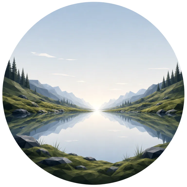 Minimal low poly Scandinavian moss valley landscape featuring soft moss-covered hills, evergreen silhouettes, gentle valley contours, expansive Nordic sky, symmetrical composition, and peaceful geometric design.