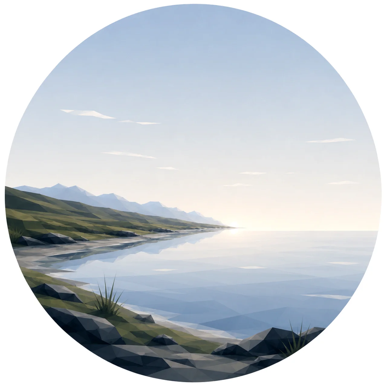 Minimal low poly Scandinavian northern coastline featuring a long gentle shoreline, calm Nordic sea, distant horizon, expansive sky, symmetrical composition, and peaceful geometric design.