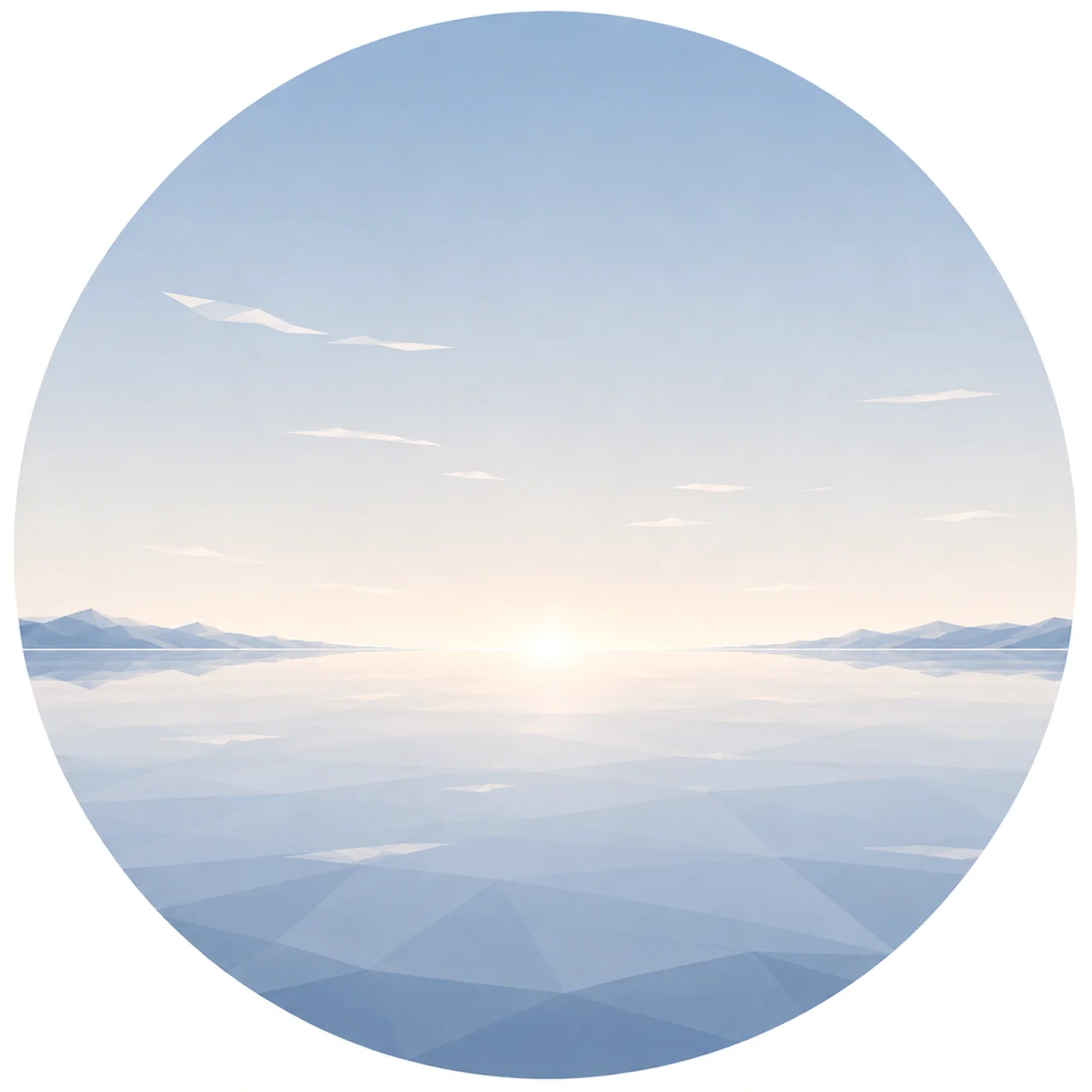 Minimal low poly Arctic horizon featuring a calm Nordic sea or snowfield, endless horizon line, open sky, subtle sun, symmetrical composition, and peaceful Scandinavian geometric design.