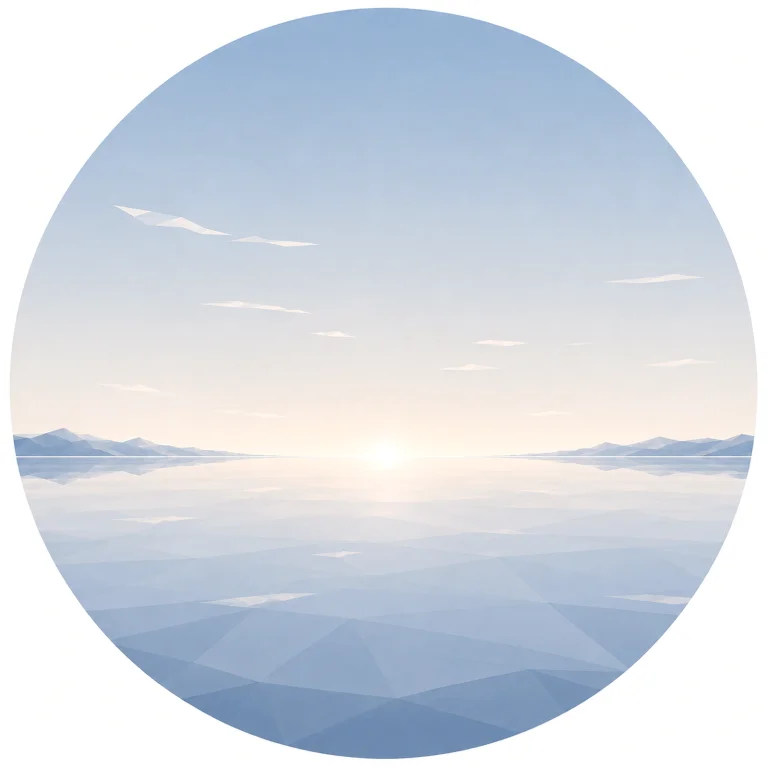 Minimal low poly Arctic horizon featuring a calm Nordic sea or snowfield, endless horizon line, open sky, subtle sun, symmetrical composition, and peaceful Scandinavian geometric design.
