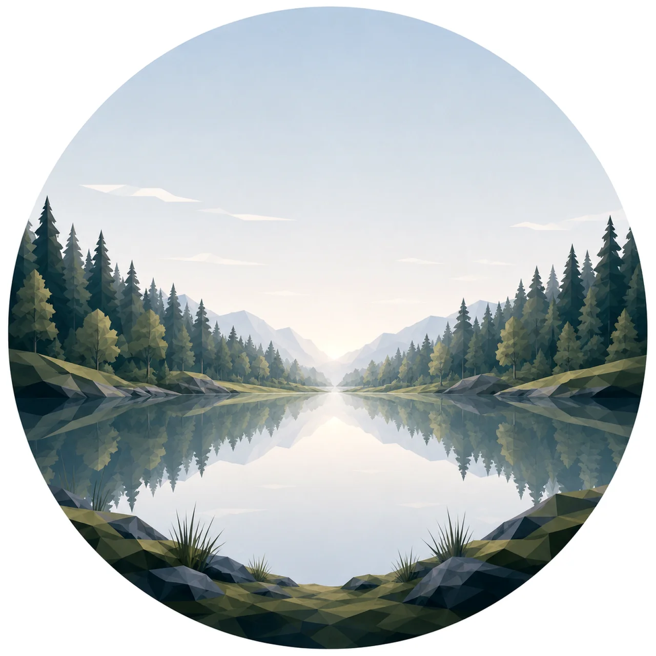 Minimal low poly Scandinavian woodland landscape featuring an untouched forest silhouette, gentle rolling hills, expansive Nordic sky, symmetrical composition, and peaceful geometric design.