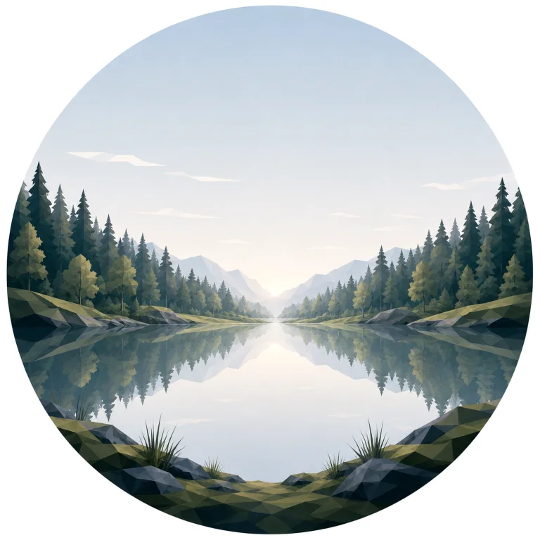Minimal low poly Scandinavian woodland landscape featuring an untouched forest silhouette, gentle rolling hills, expansive Nordic sky, symmetrical composition, and peaceful geometric design.