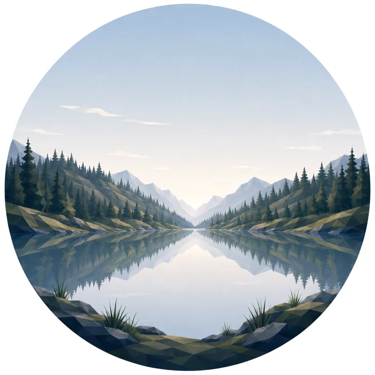 Minimal low poly Scandinavian pine ridge landscape featuring a gentle ridgeline lined with pine trees, rolling Nordic hills, expansive sky, symmetrical composition, and peaceful geometric design.