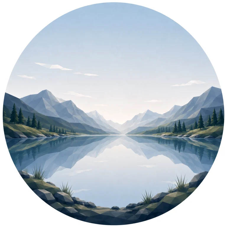 Minimal low poly Scandinavian mountain lake landscape featuring calm reflective water, surrounding mountain peaks, open Nordic sky, symmetrical composition, and peaceful geometric design.