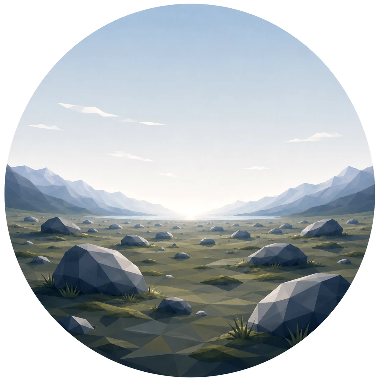 Minimal low poly Scandinavian boulder field featuring rounded glacial boulders across a gentle landscape, distant hills, open Nordic sky, symmetrical composition, and peaceful geometric design.