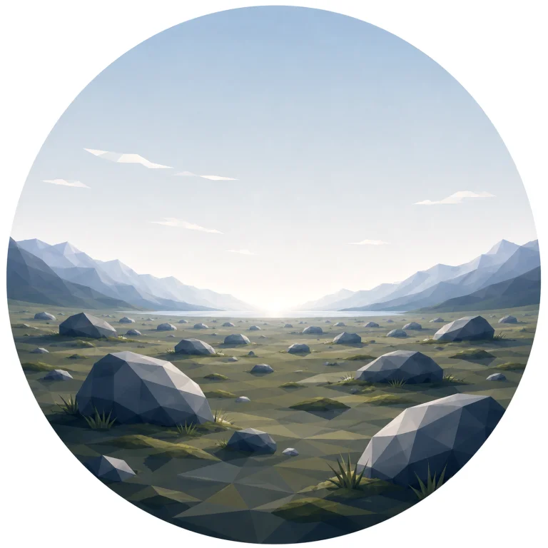 Minimal low poly Scandinavian boulder field featuring rounded glacial boulders across a gentle landscape, distant hills, open Nordic sky, symmetrical composition, and peaceful geometric design.