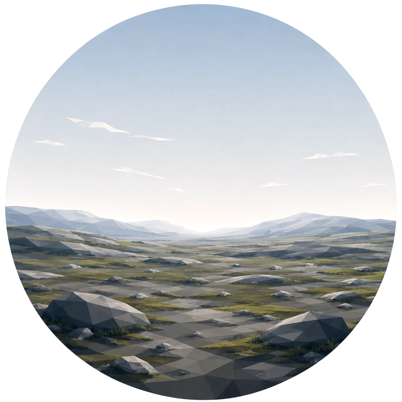 Minimal low poly Scandinavian fjell landscape featuring a treeless highland plateau, gentle ridgelines, exposed rock, expansive Nordic sky, symmetrical composition, and peaceful geometric design.