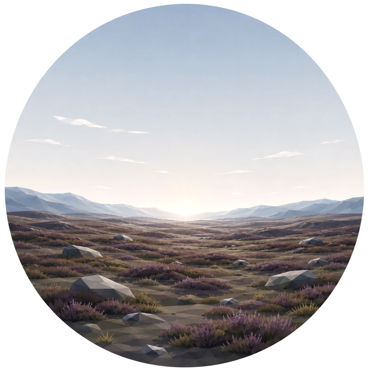 Minimal low poly Scandinavian heath landscape featuring low shrubs, scattered rocks, gentle rolling terrain, expansive Nordic sky, symmetrical composition, and peaceful geometric design.