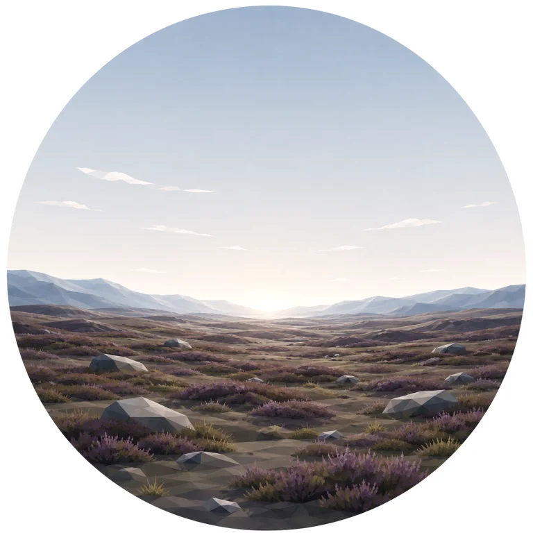 Minimal low poly Scandinavian heath landscape featuring low shrubs, scattered rocks, gentle rolling terrain, expansive Nordic sky, symmetrical composition, and peaceful geometric design.