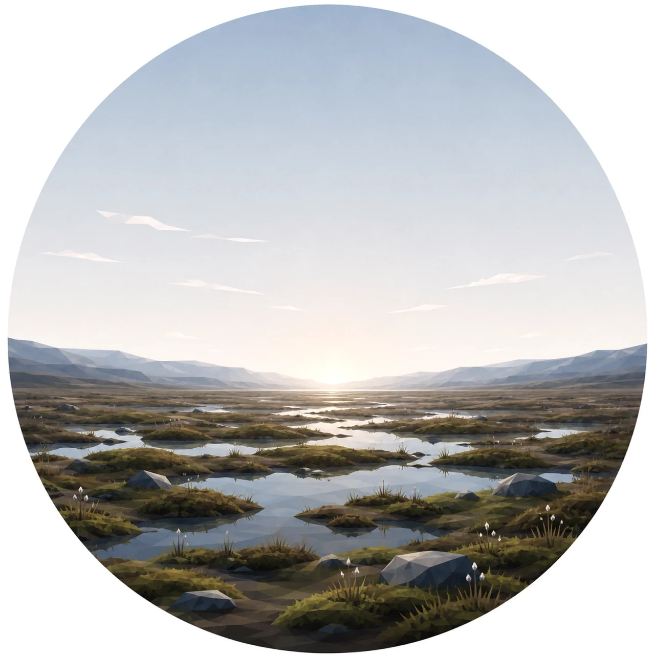 Minimal low poly Scandinavian peatland featuring shallow water, soft peat moss, wetland plants, open Nordic sky, symmetrical composition, and peaceful geometric design.