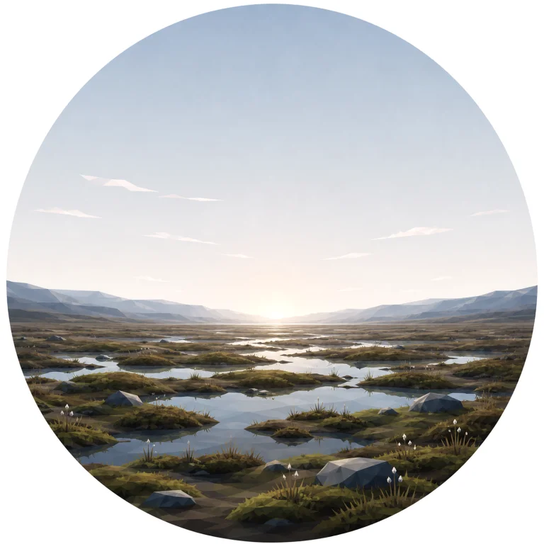 Minimal low poly Scandinavian peatland featuring shallow water, soft peat moss, wetland plants, open Nordic sky, symmetrical composition, and peaceful geometric design.