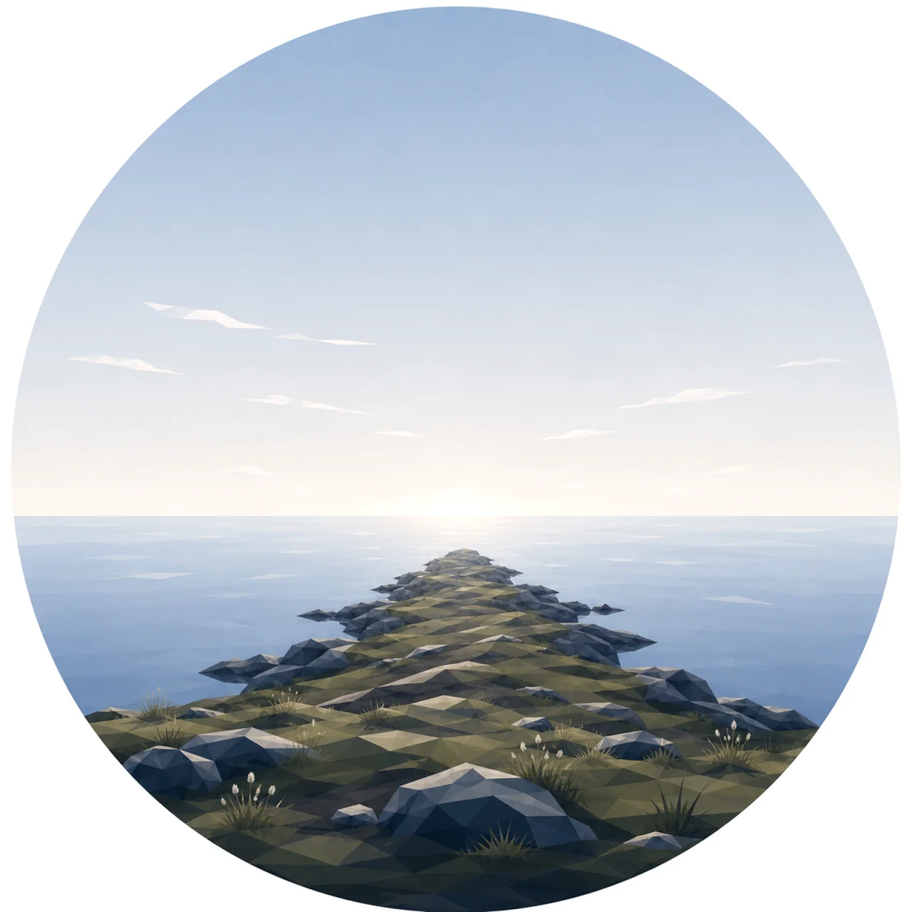 Minimal low poly Scandinavian cape landscape featuring a narrow headland extending into a calm sea, distant horizon, open Nordic sky, symmetrical composition, and peaceful geometric design.