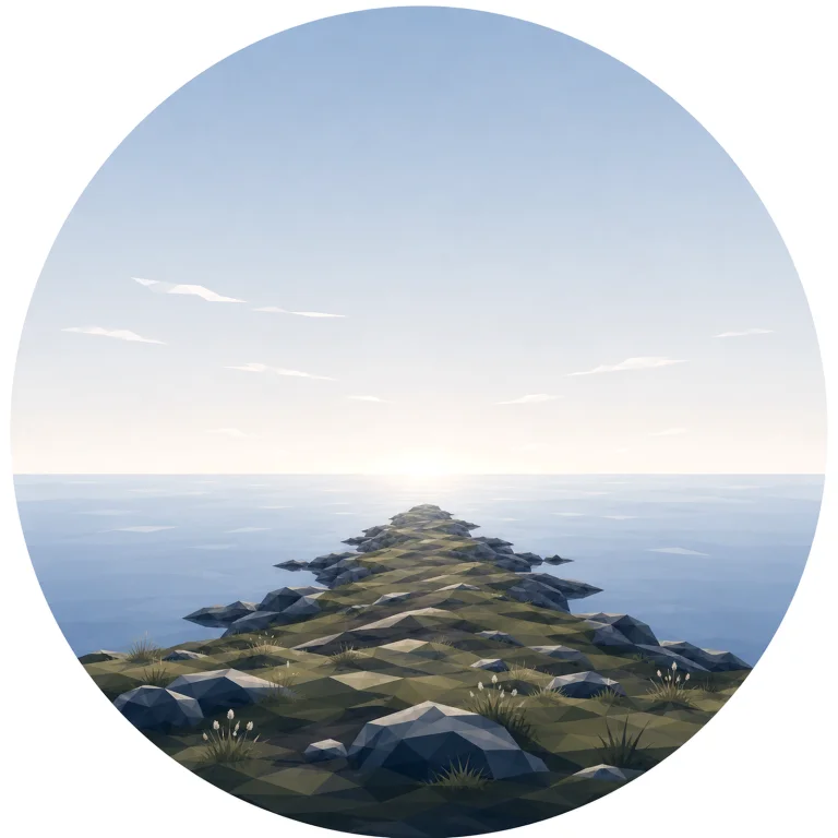Minimal low poly Scandinavian cape landscape featuring a narrow headland extending into a calm sea, distant horizon, open Nordic sky, symmetrical composition, and peaceful geometric design.