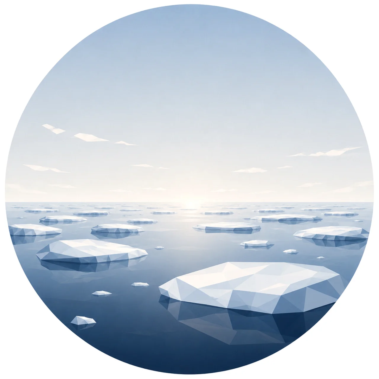 Minimal low poly Scandinavian ice floes landscape featuring floating Arctic ice, calm northern sea, distant horizon, open Nordic sky, symmetrical composition, and peaceful geometric design.