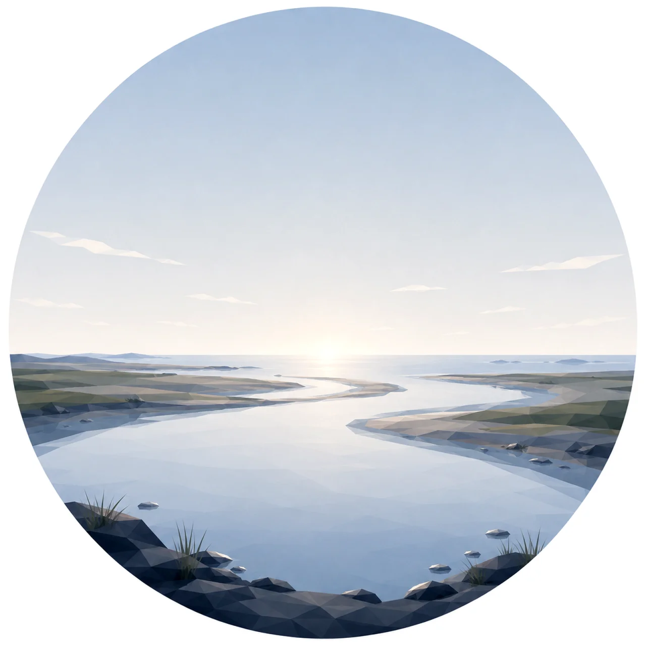 Minimal low poly Scandinavian estuary featuring a calm river flowing into the sea, distant horizon, open Nordic sky, symmetrical composition, and peaceful geometric design.