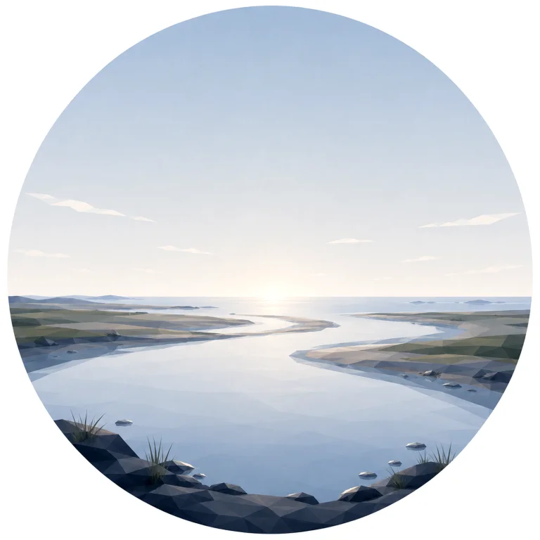 Minimal low poly Scandinavian estuary featuring a calm river flowing into the sea, distant horizon, open Nordic sky, symmetrical composition, and peaceful geometric design.